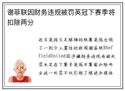 谢菲联因财务违规被罚英冠下赛季将扣除两分