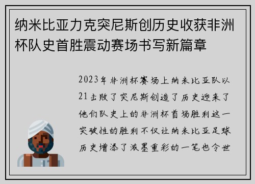 纳米比亚力克突尼斯创历史收获非洲杯队史首胜震动赛场书写新篇章